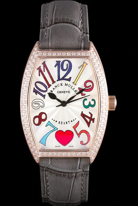 Franck Muller Heart Diamond Gold Bezel Grey Leather Band new117987