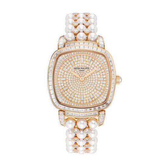 Patek Philippe Replica Watch Ladies Gondolo Haute Joaillerie, 18kt Rose Gold set with diamonds and Akoya pearls, 31 × 34.8mm, 7042/100R-010