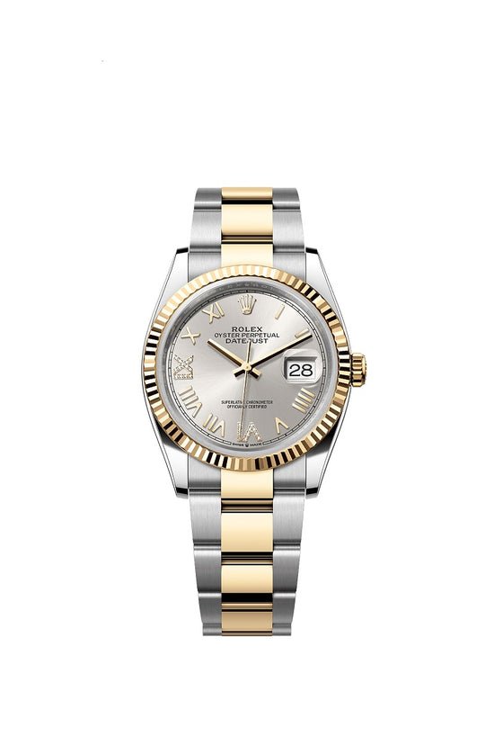 Rolex Replica Watch Datejust 36, Oystersteel and 18k Yellow Gold, Silver set with Diamonds dial, Fluted Oyster, 126233-0052