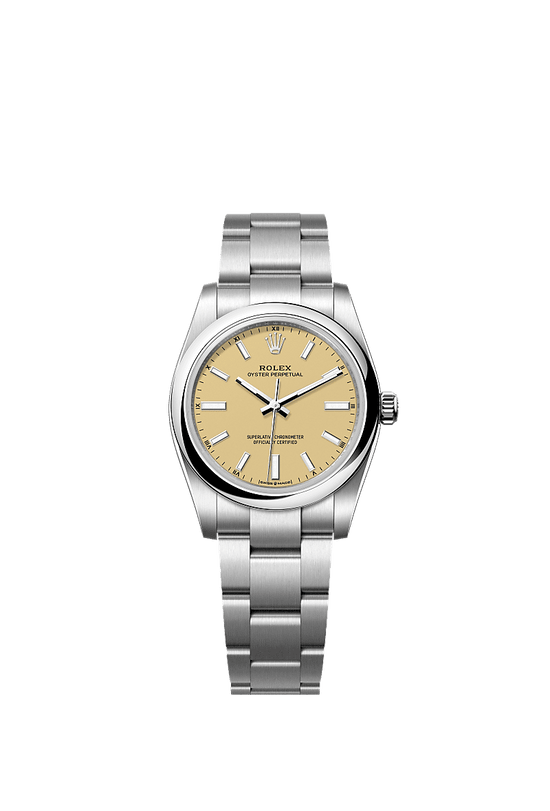 Rolex Replica Watch Oyster Perpetual, Oystersteel, 34mm, Beige dial, Domed Oyster, 124200-0007